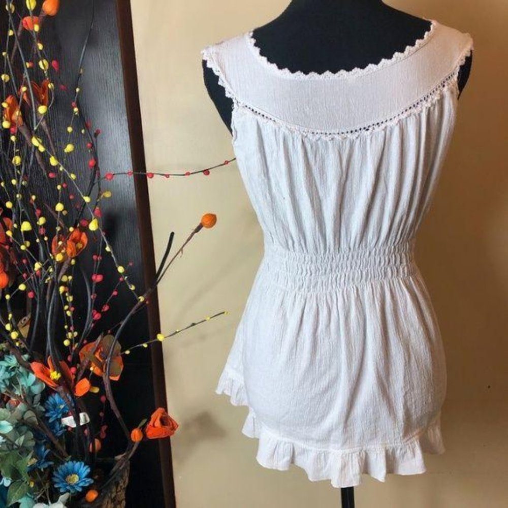 Embroidered Linen Elastic Waist Top White Small Ta - Picture 2 of 3